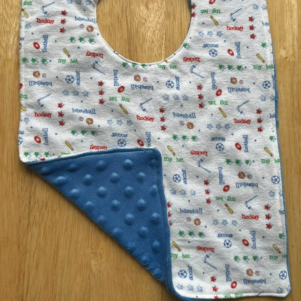 Bib for Baby Toddler - Sports print with blue - Upcycled